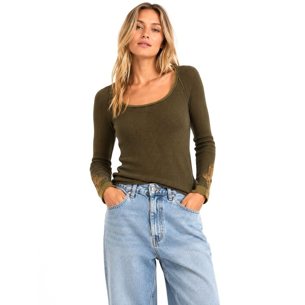 We the Free People Waffle Weave Top Size Medium Long Sleeve Crochet Arms Boho